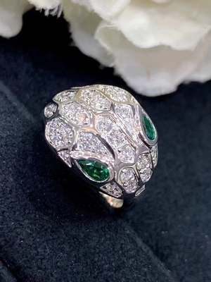 Custom Bvlgari Serpenti Ring Solid 18KT White Gold Set With Emerald Eyes Full Pave Diamons