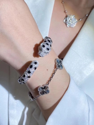 Customized Panther Cartier Bracelet 18K White Gold Onyx Emeralds Diamonds Jewelry