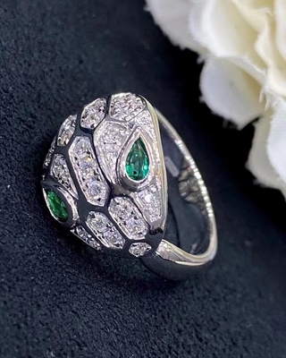 Custom Bvlgari Serpenti Ring Solid 18KT White Gold Set With Emerald Eyes Full Pave Diamons