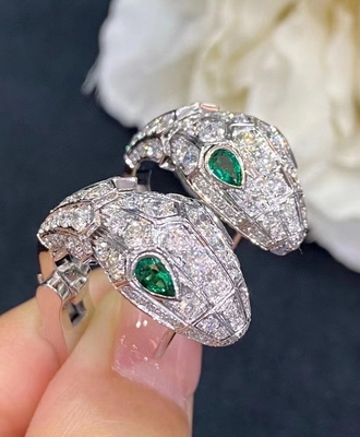 18k White Gold  Serpenti Earrings Emerald Eyes Full Pave Diamonds