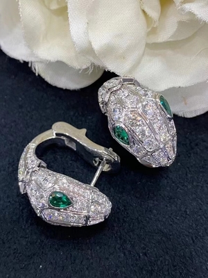 18k White Gold Bvlgari Serpenti Earrings Emerald Eyes Full Pave Diamonds