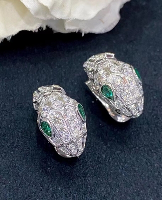 18k White Gold  Serpenti Earrings Emerald Eyes Full Pave Diamonds
