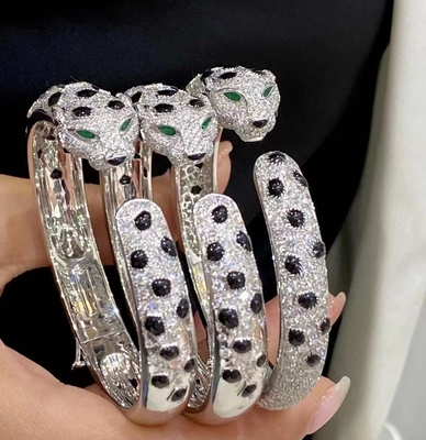 Customized Panther Cartier Bracelet 18K White Gold Onyx Emeralds Diamonds Jewelry