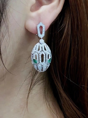 White 18K Gold Diamond Earrings Emerald Eyes Full Pave Diamonds