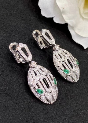 White 18K Gold Diamond Earrings Emerald Eyes Full Pave Diamonds