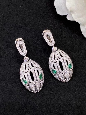White 18K Gold Diamond Earrings Emerald Eyes Full Pave Diamonds