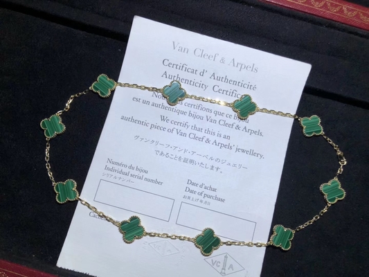 Elegant 18K Gold Custom Brand Vintage  Necklace With 10 Green Malachite