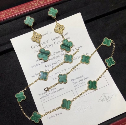 Elegant 18K Gold Van Cleef & Arpels Vintage Alhambra Necklace With 10 Green Malachite