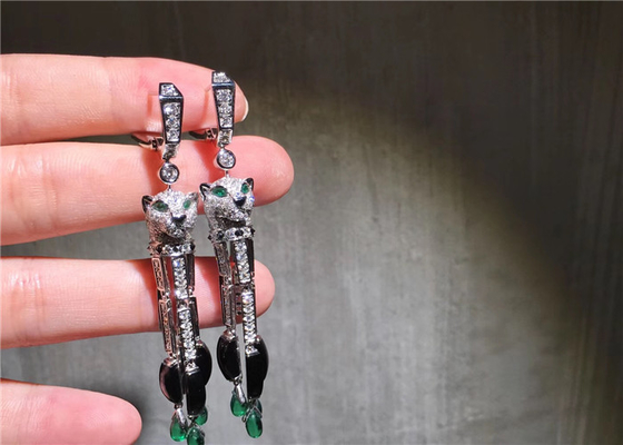 18K White Gold Brand Jewelry , Panthere De Brand Earrings With 10 Emeralds