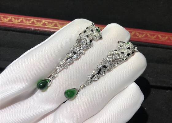 Inspired Panthere De Cartier Earrings 18K White Gold Made With Diamonds And Emeralds
