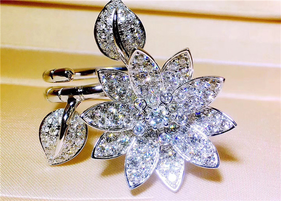 Inspired Van Cleef And Arpels Diamond Ring Lotus Design In 18K White Gold