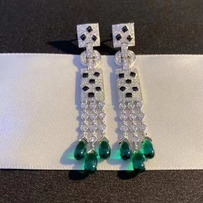 Inspired Panthere De Brand Earrings 18k White Gold With Diamonds & Emeralds
