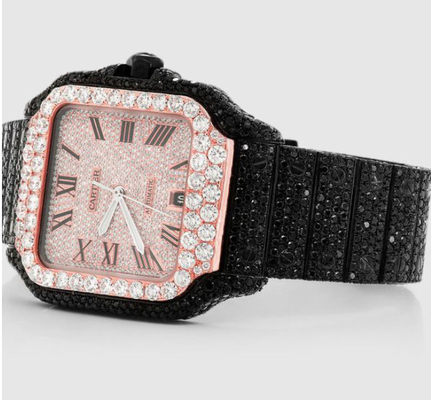 Scratch Resistant Black Iced Out Watch Square Dial Santos 40mm SS With Diamonds