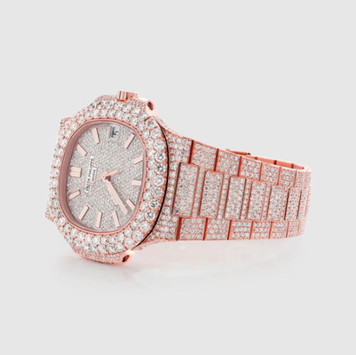 Nautilus 40.5mm 18k Rose Gold Iced Out Watch VVS Moissanite Diamond