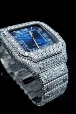 OEM Blue Dial Iced Out Moissanite Watch Cartier Bussdown Watch