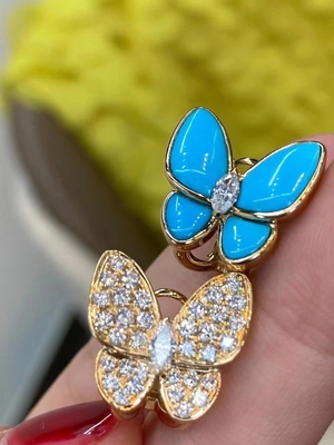 VCA Two Butterfly Earrings 18k Yellow Gold With Turquoise Diamonds