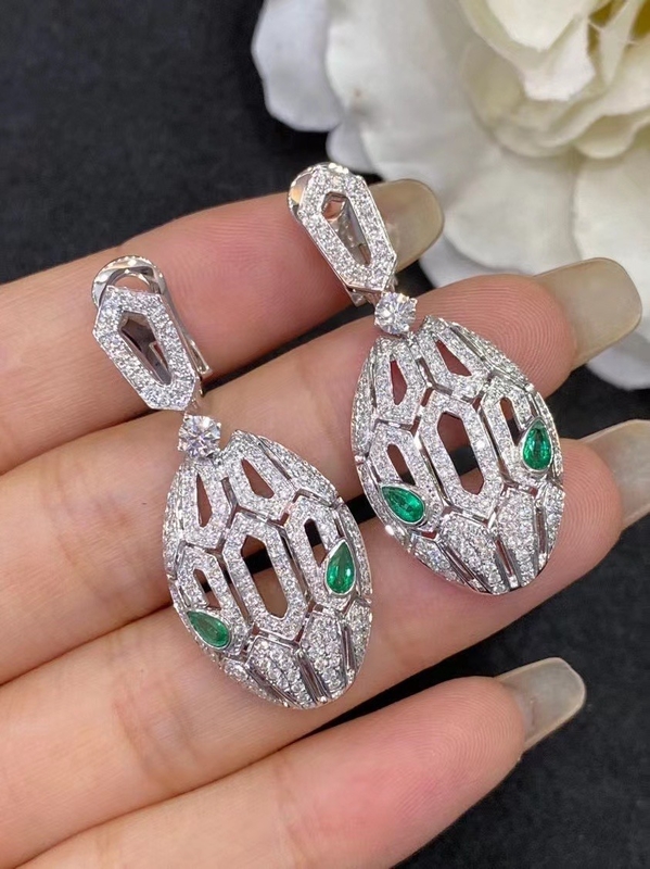 White 18K Gold Diamond Earrings Emerald Eyes Full Pave Diamonds