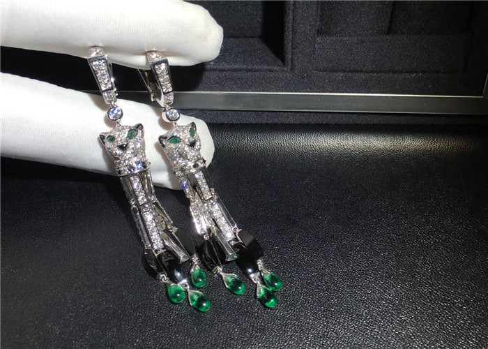 18K White Gold Cartier Jewelry , Panthere De Cartier Earrings With 10 Emeralds