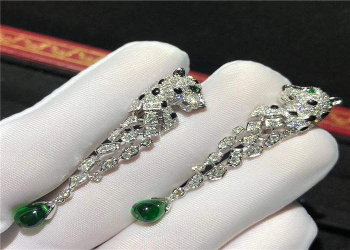 Inspired Panthere De Cartier Earrings 18K White Gold Made With Diamonds And Emeralds