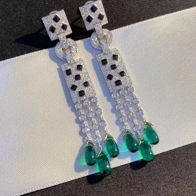 Inspired Panthere De Brand Earrings 18k White Gold With Diamonds & Emeralds