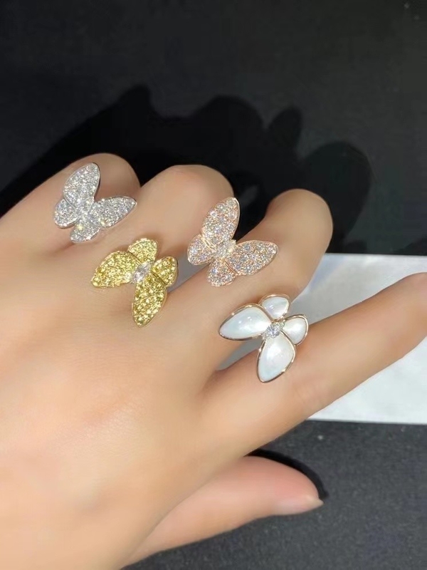 Pure 18K Custom Brand Two Butterfly Ring 42 - 62 Size DEF Diamond Color