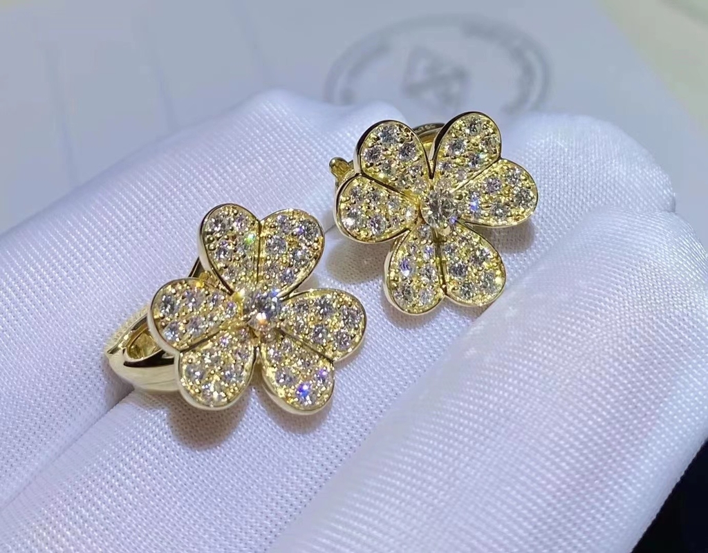 Pure 18K Yellow Gold Van Cleef Diamond Flower Earrings Vvs 1.61ct 100% Mirror